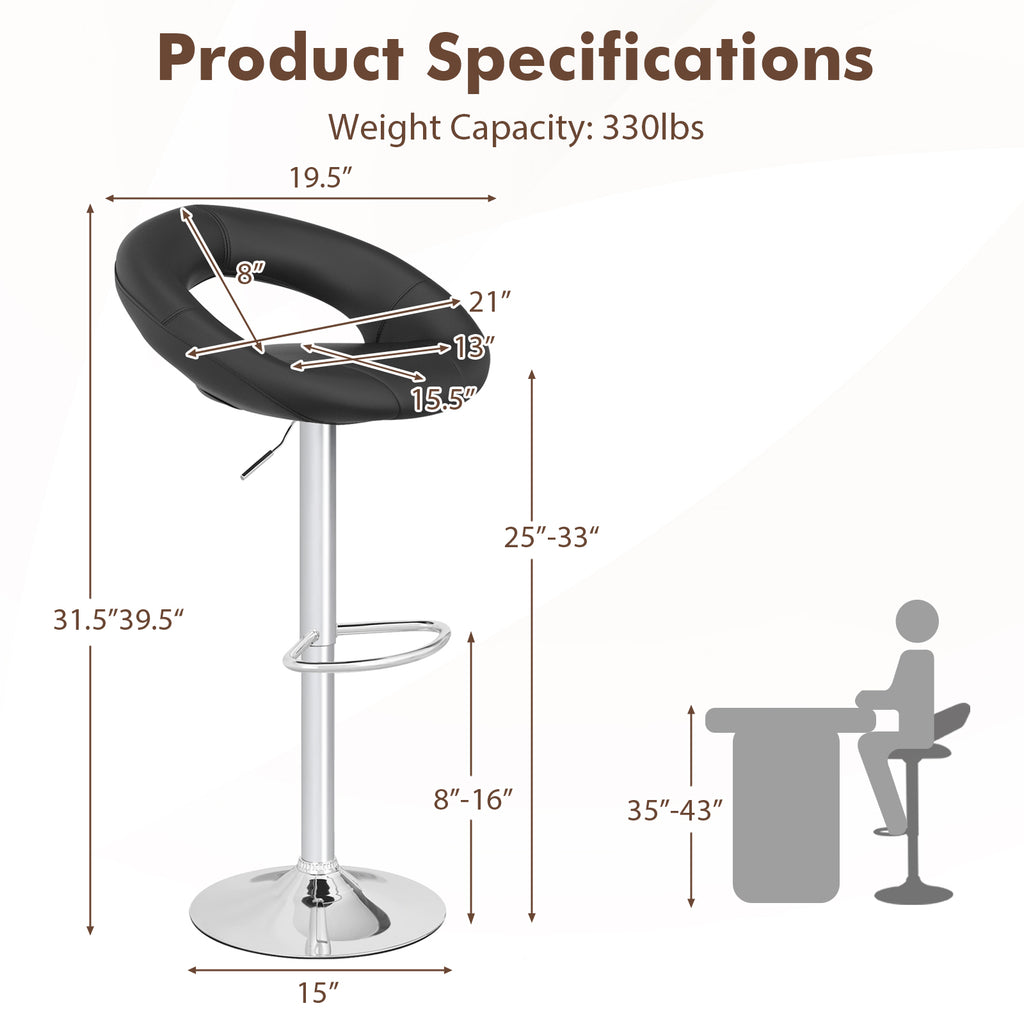 Height Adjustable Bar Stools Set of 2 with Hollow Back and Footrest-Black