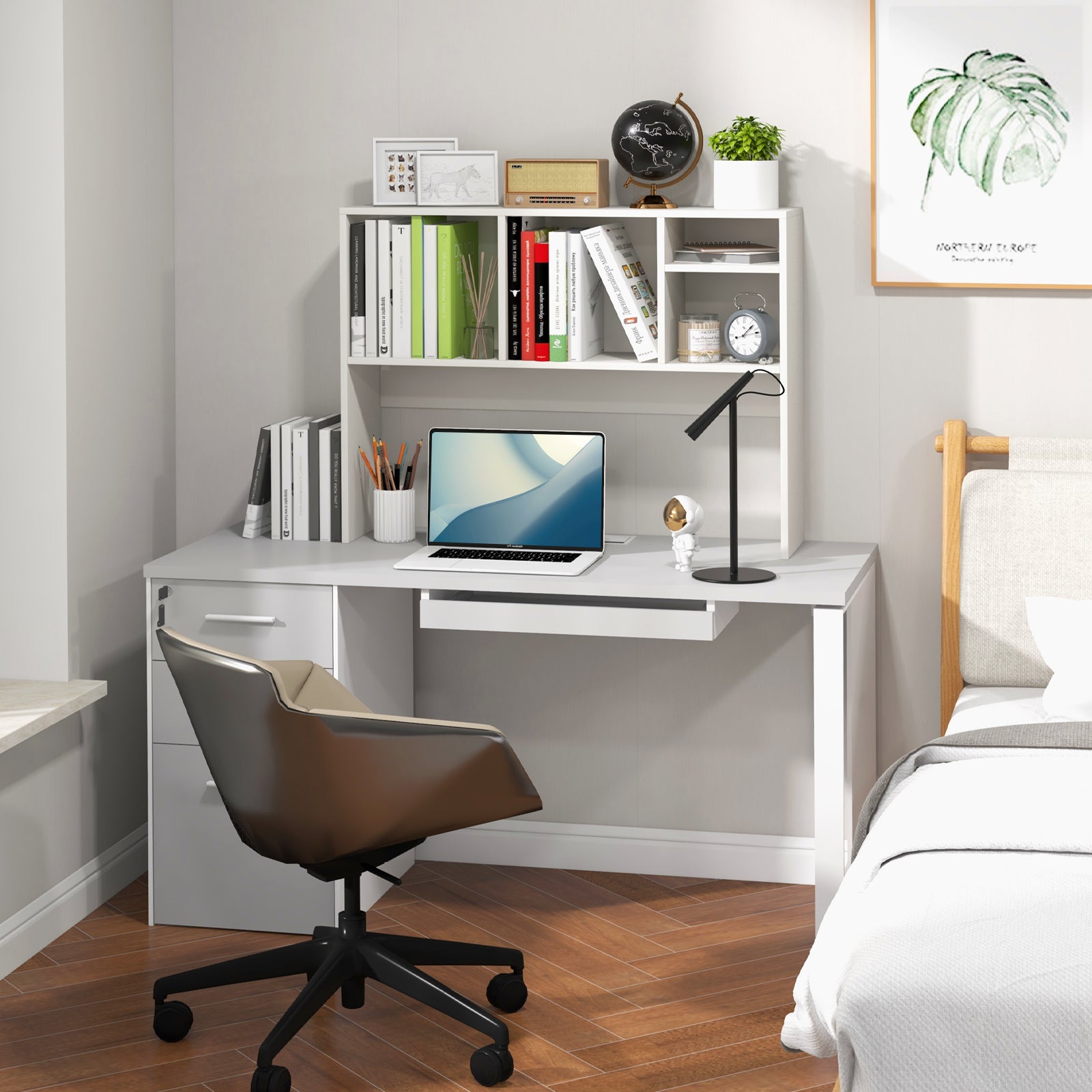 Computer Desktop Bookcase with 4 Cubbies and Open Back Compartment-White