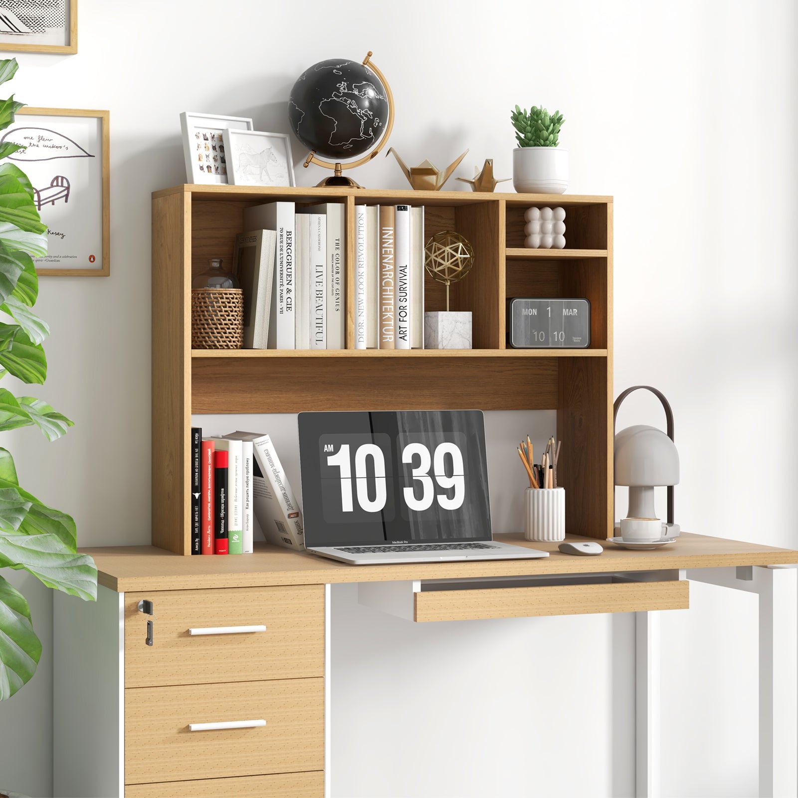 Computer Desktop Bookcase with 4 Cubbies and Open Back Compartment-Natural