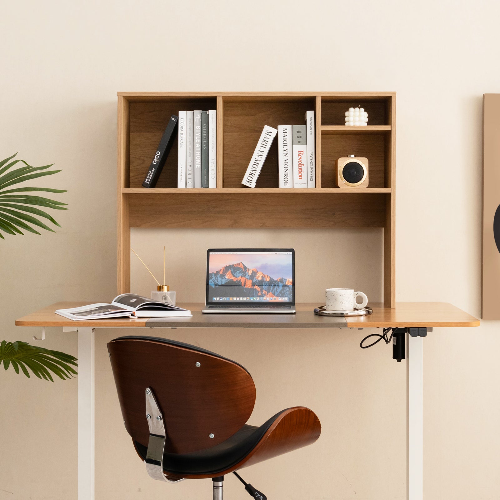 Computer Desktop Bookcase with 4 Cubbies and Open Back Compartment-Natural