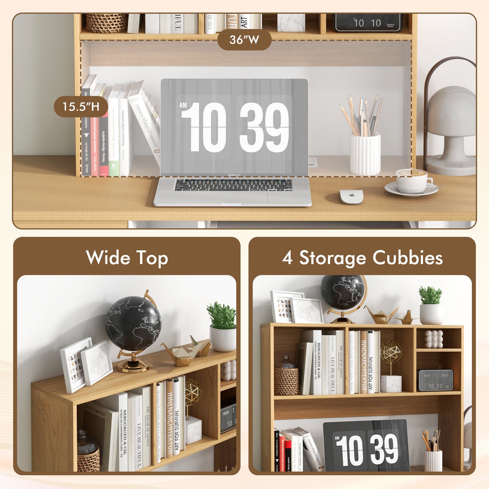 Computer Desktop Bookcase with 4 Cubbies and Open Back Compartment-Natural