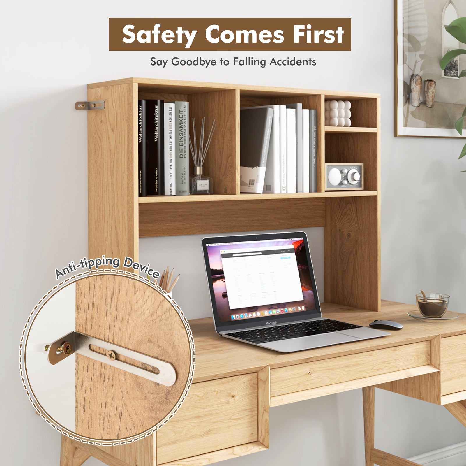 Computer Desktop Bookcase with 4 Cubbies and Open Back Compartment-Natural