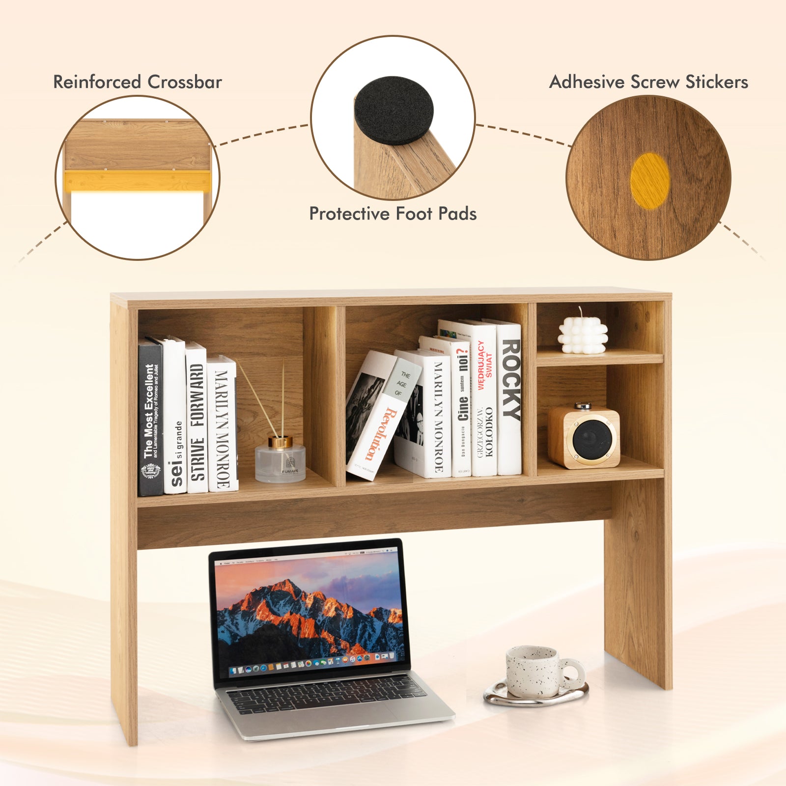 Computer Desktop Bookcase with 4 Cubbies and Open Back Compartment-Natural