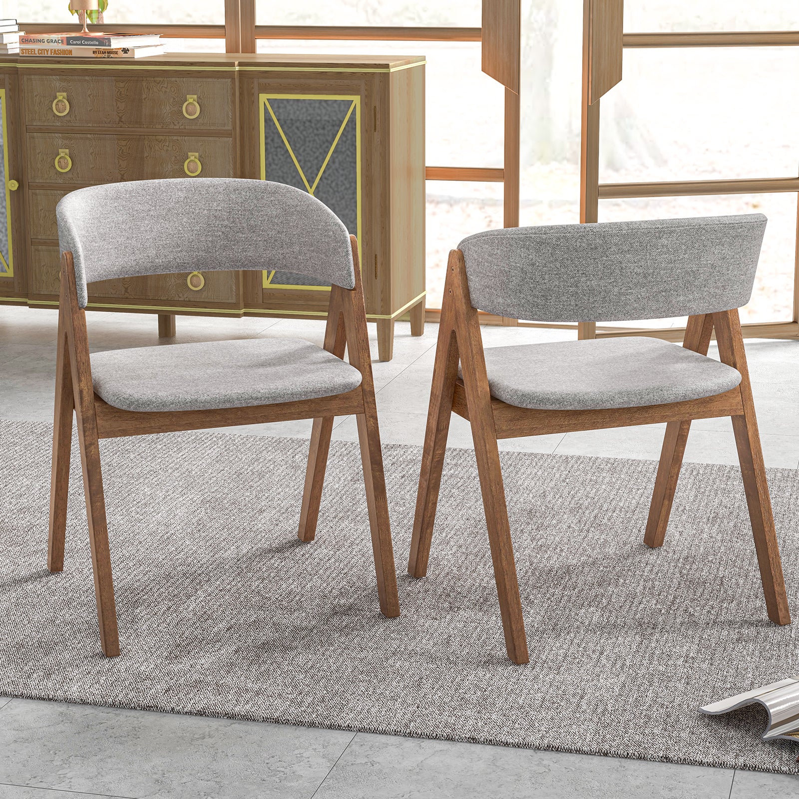 Set of 2 Soft Padded Accent Armchairs for Dining Room-Walnut and Grey