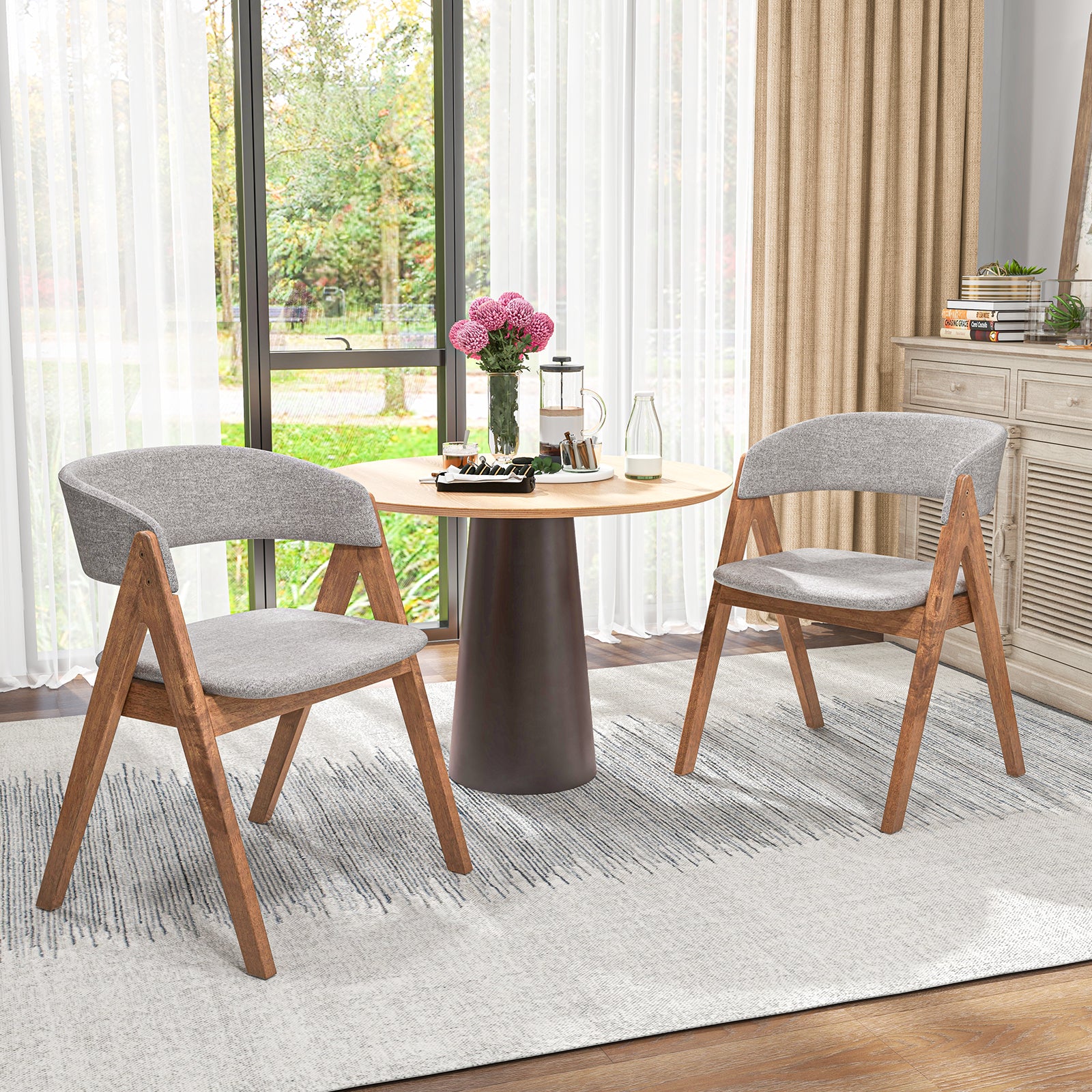 Set of 2 Soft Padded Accent Armchairs for Dining Room-Walnut and Grey