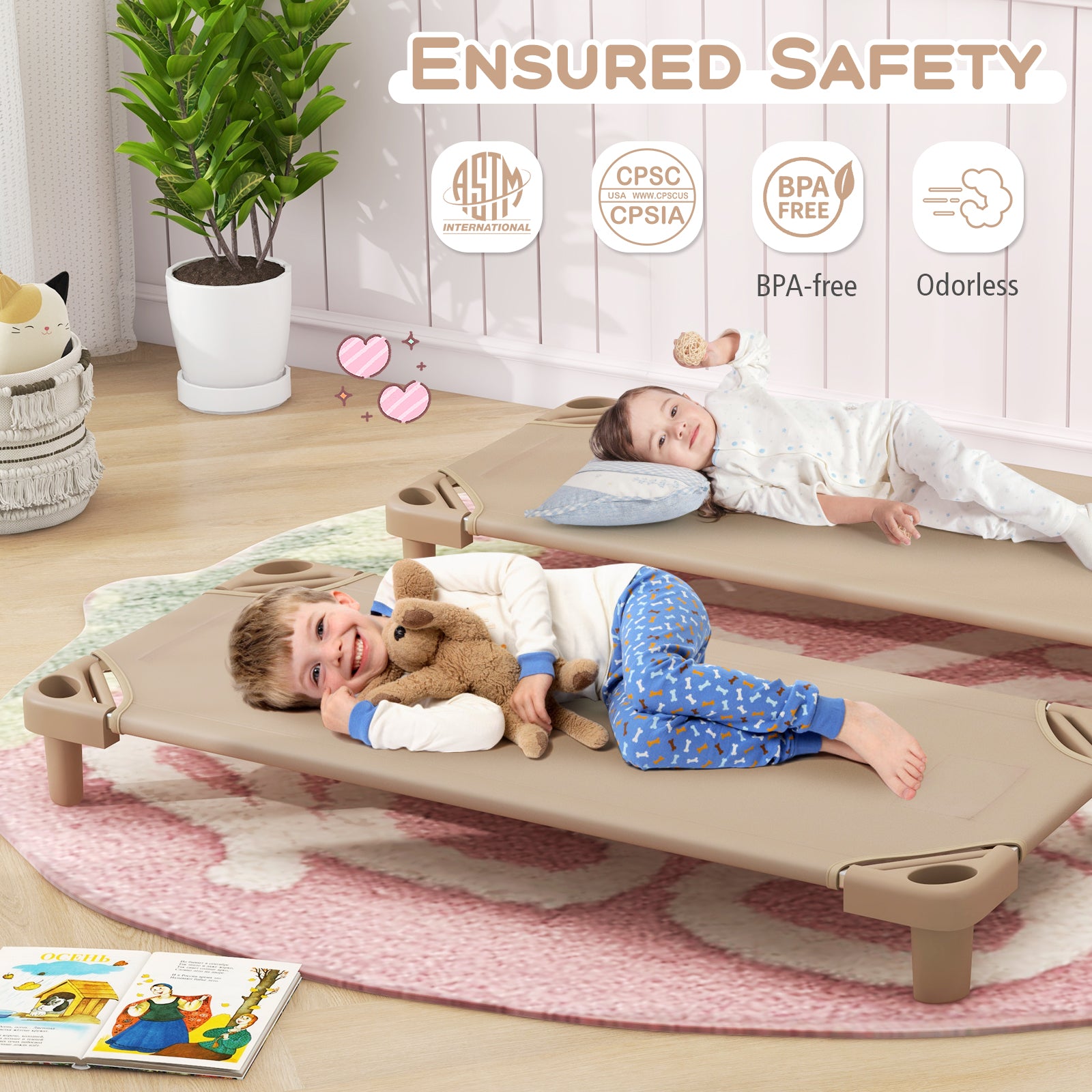 Kids Stackable Daycare Cot Pack of 6 with Detachable Oxford Cloth-Beige