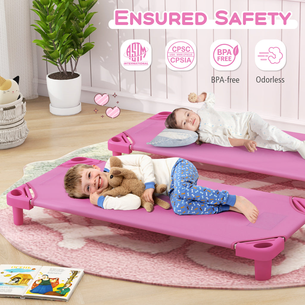 Kids Stackable Daycare Cot Pack of 6 with Detachable Oxford Cloth-Pink