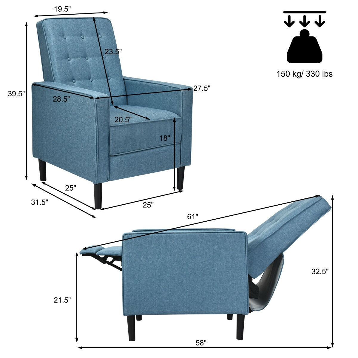 Mid-Century Push Back Recliner Chair-Blue