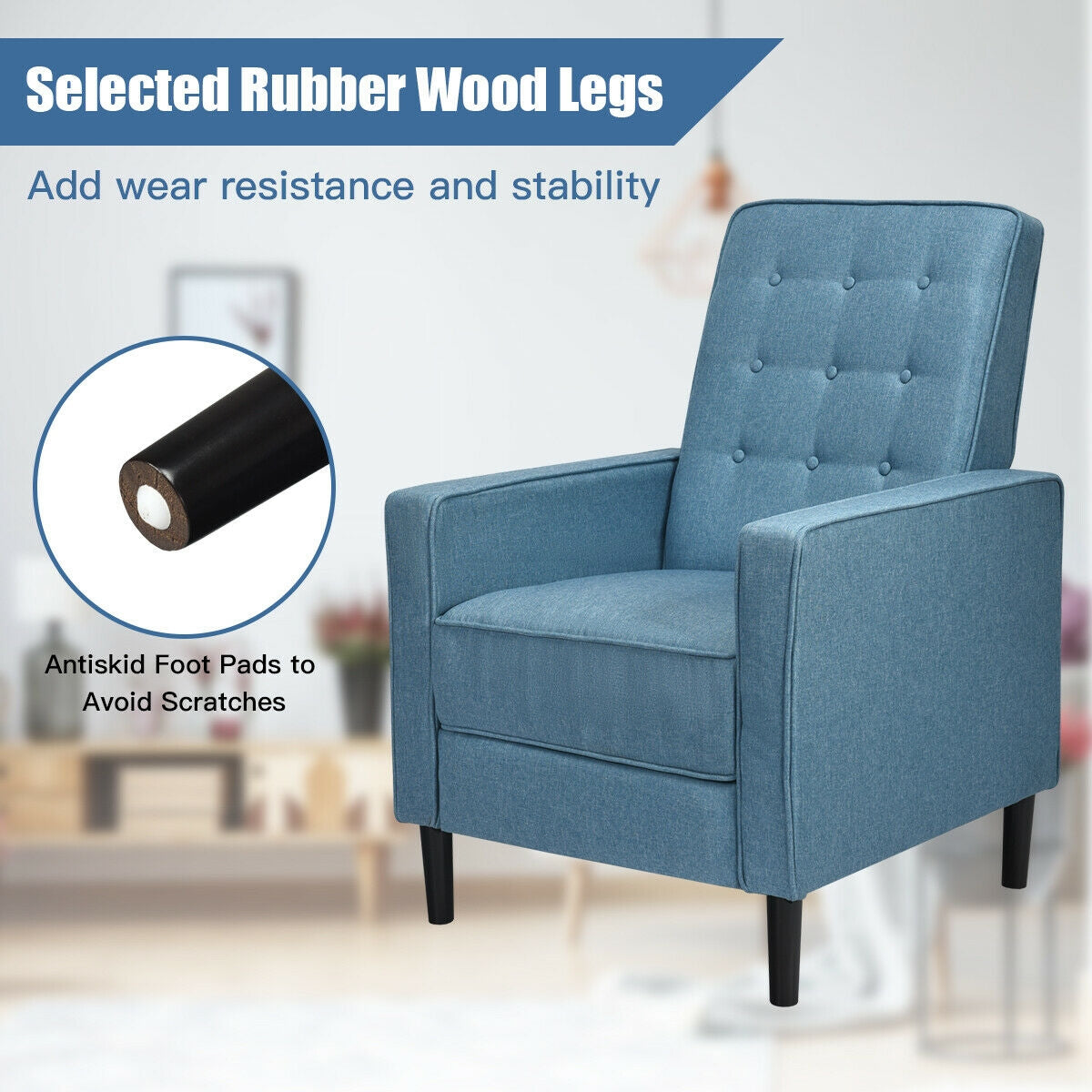 Mid-Century Push Back Recliner Chair-Blue