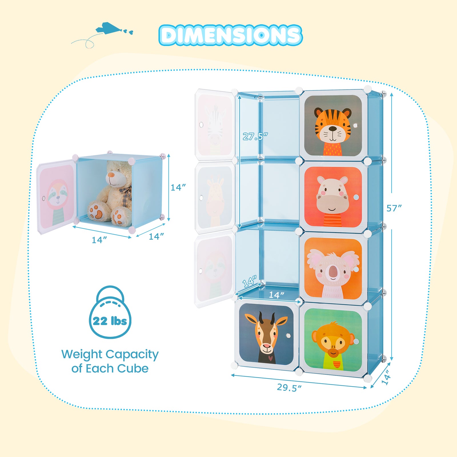 8-Cube Kids Wardrobe Closet with Clothes Hanging Section and Doors-Blue