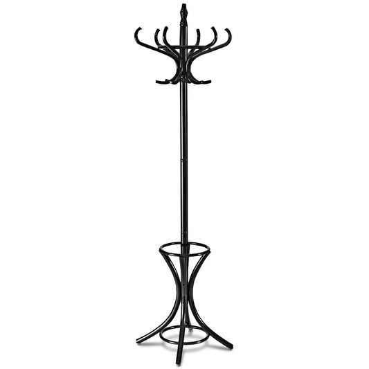 Wood Standing Hat Coat Rack w/ Umbrella Stand-Black