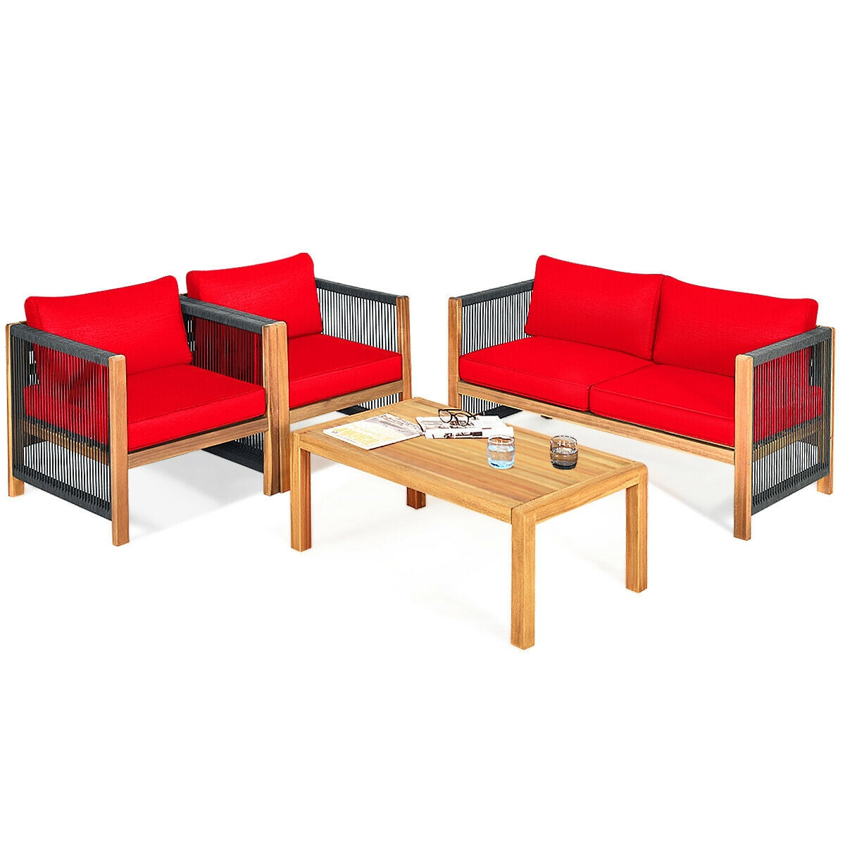 Ensemble de mobilier de patio extérieur 4 pièces en bois d'acacia avec coussins – Rouge
