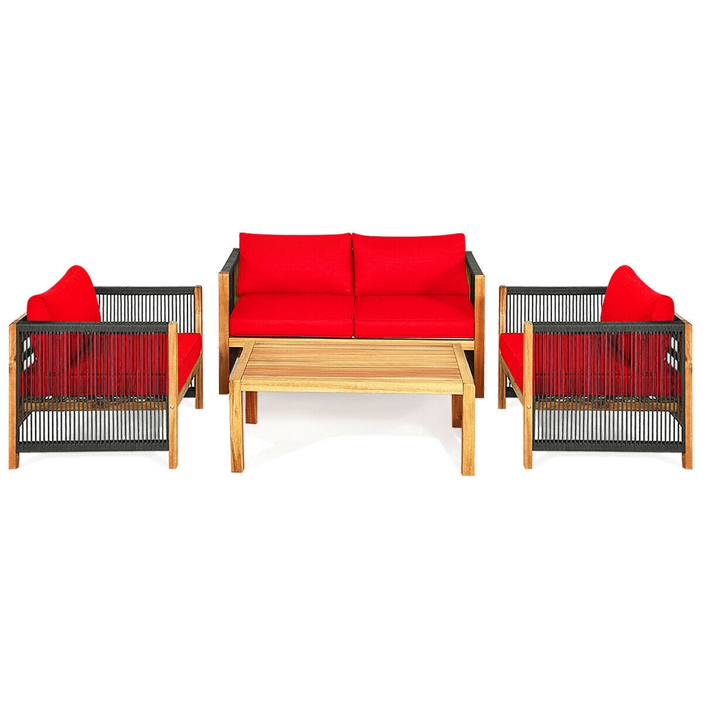 Ensemble de mobilier de patio extérieur 4 pièces en bois d'acacia avec coussins – Rouge