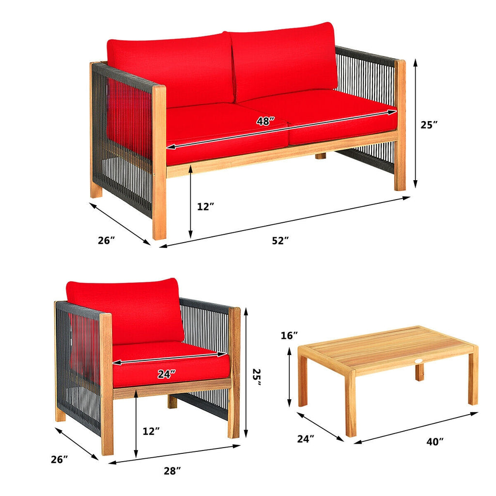 Ensemble de mobilier de patio extérieur 4 pièces en bois d'acacia avec coussins – Rouge