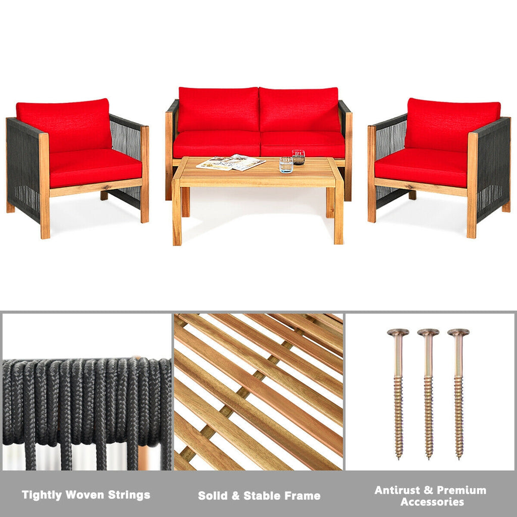 Ensemble de mobilier de patio extérieur 4 pièces en bois d'acacia avec coussins – Rouge