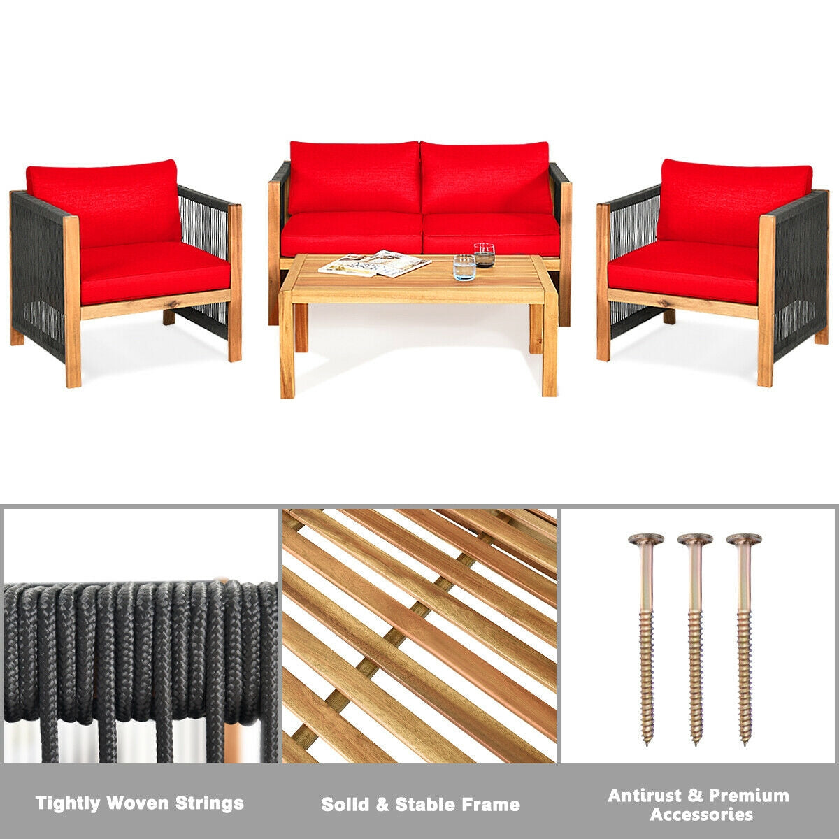 Ensemble de mobilier de patio extérieur 4 pièces en bois d'acacia avec coussins – Rouge