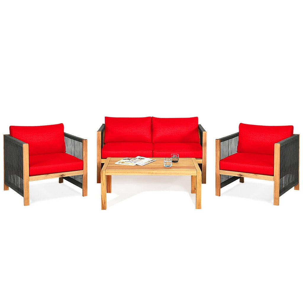 Ensemble de mobilier de patio extérieur 4 pièces en bois d'acacia avec coussins – Rouge