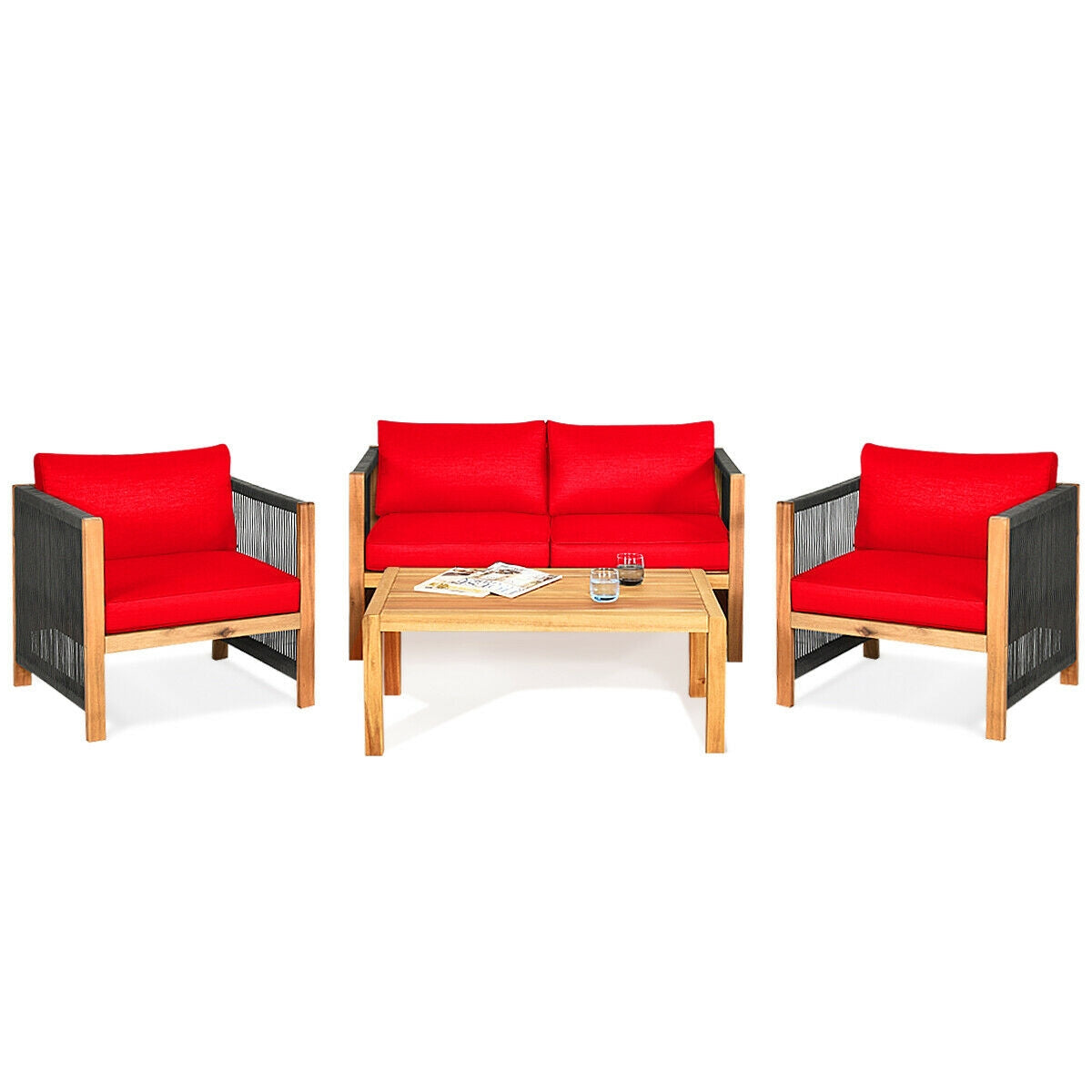 Ensemble de mobilier de patio extérieur 4 pièces en bois d'acacia avec coussins – Rouge