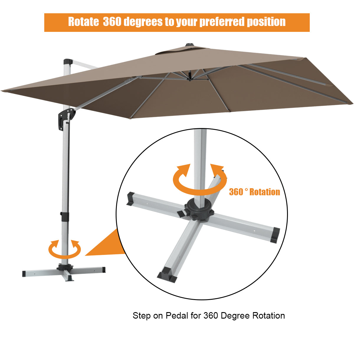 Parasol déporté carré inclinable en aluminium de 3 m à 360 degrés sans base lestée - Beige