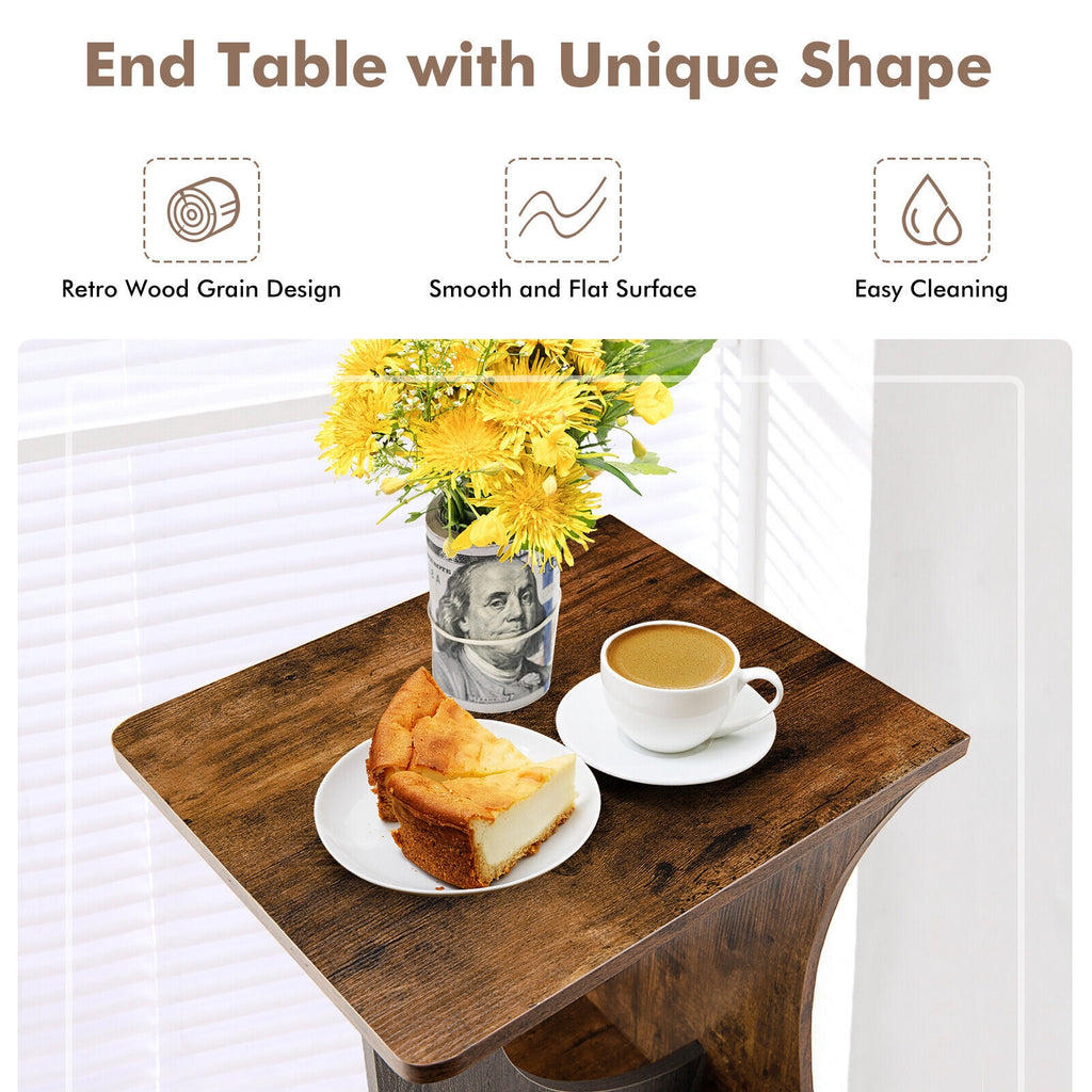 2-Tier Compact C-shape Sofa Side Table-Rustic Brown