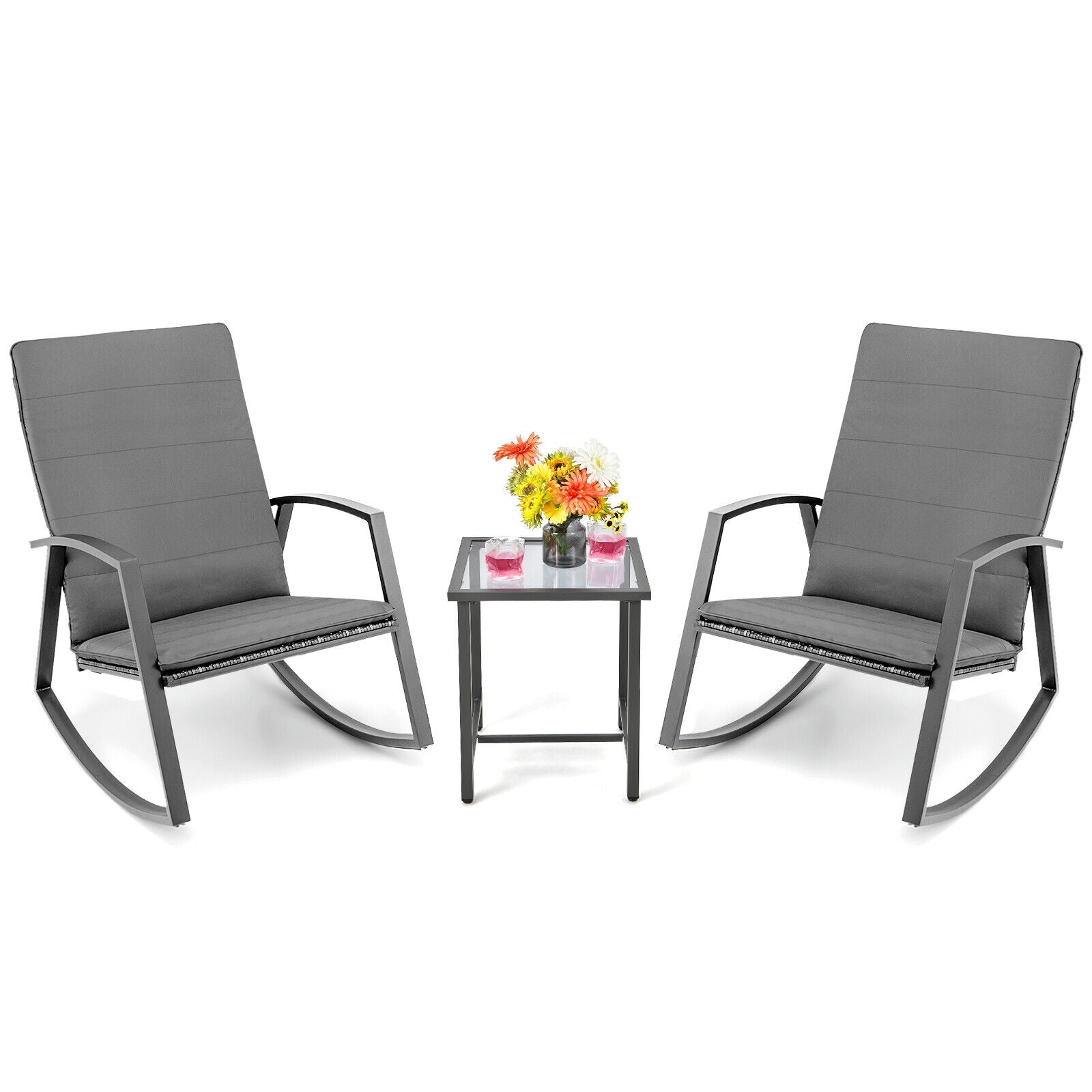 Ensemble de 3 meubles de patio à bascule en rotin - Gris