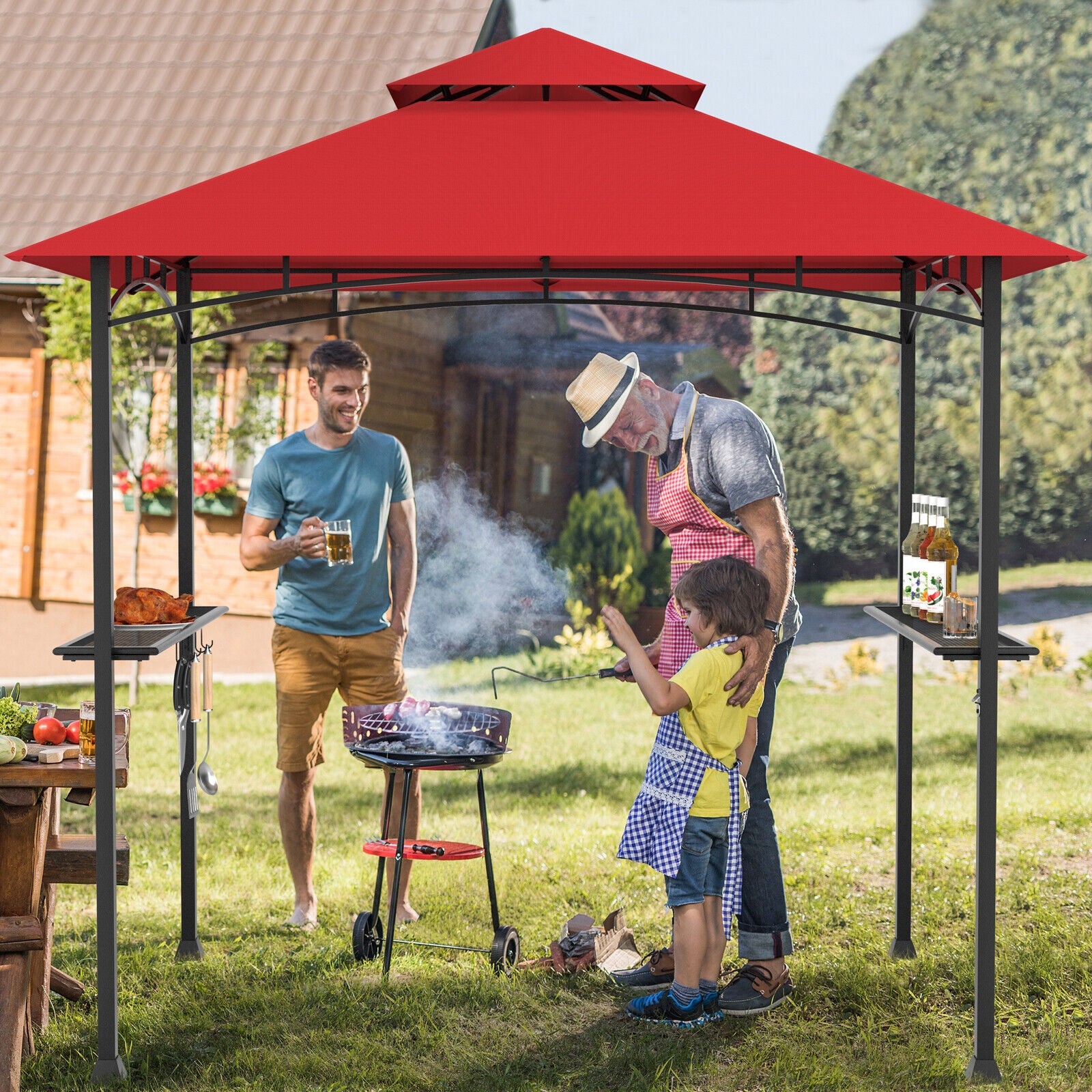 Tonnelle pour barbecue d'extérieur 2,4 x 1,5 m - Rouge vin