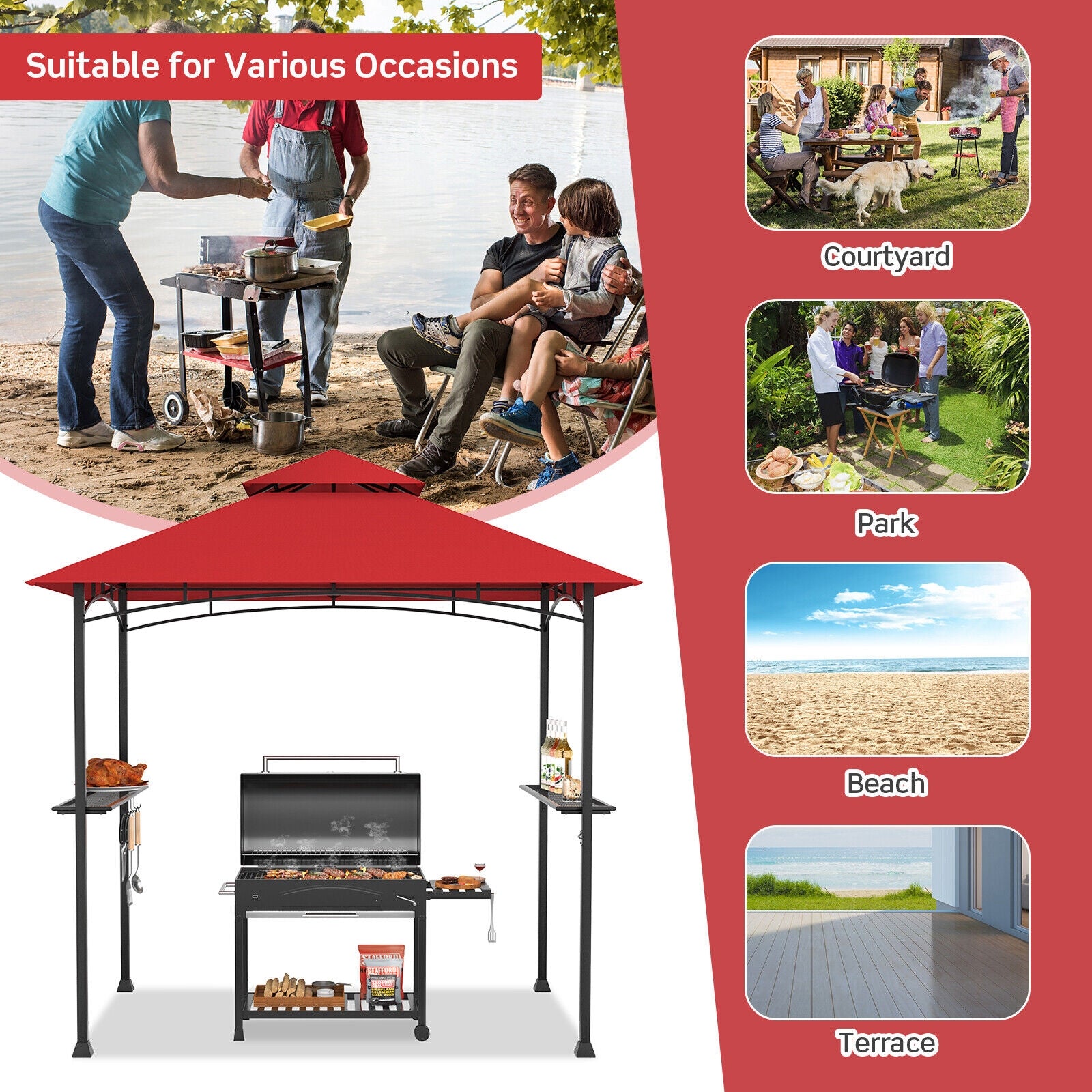 Tonnelle pour barbecue d'extérieur 2,4 x 1,5 m - Rouge vin
