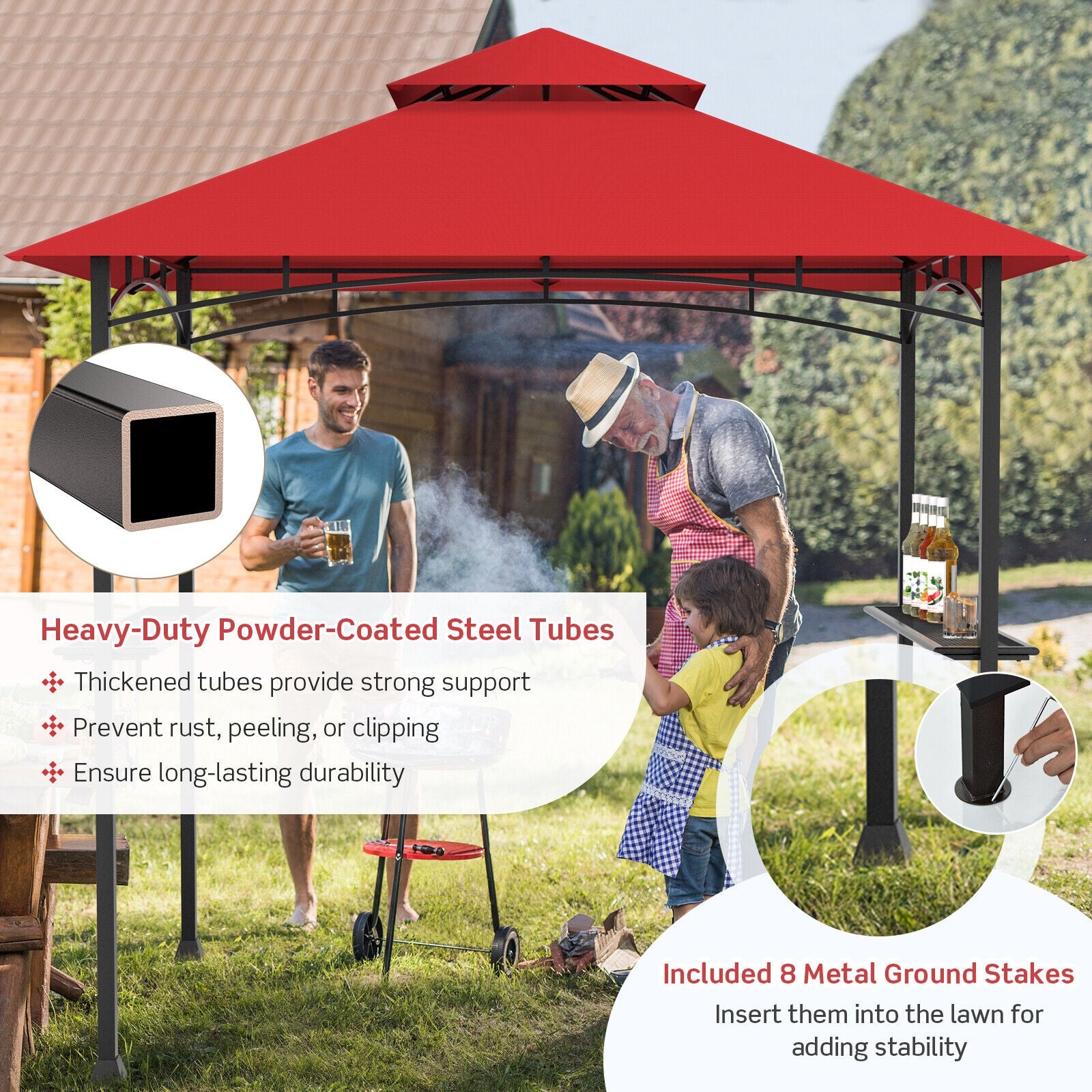 Tonnelle pour barbecue d'extérieur 2,4 x 1,5 m - Rouge vin