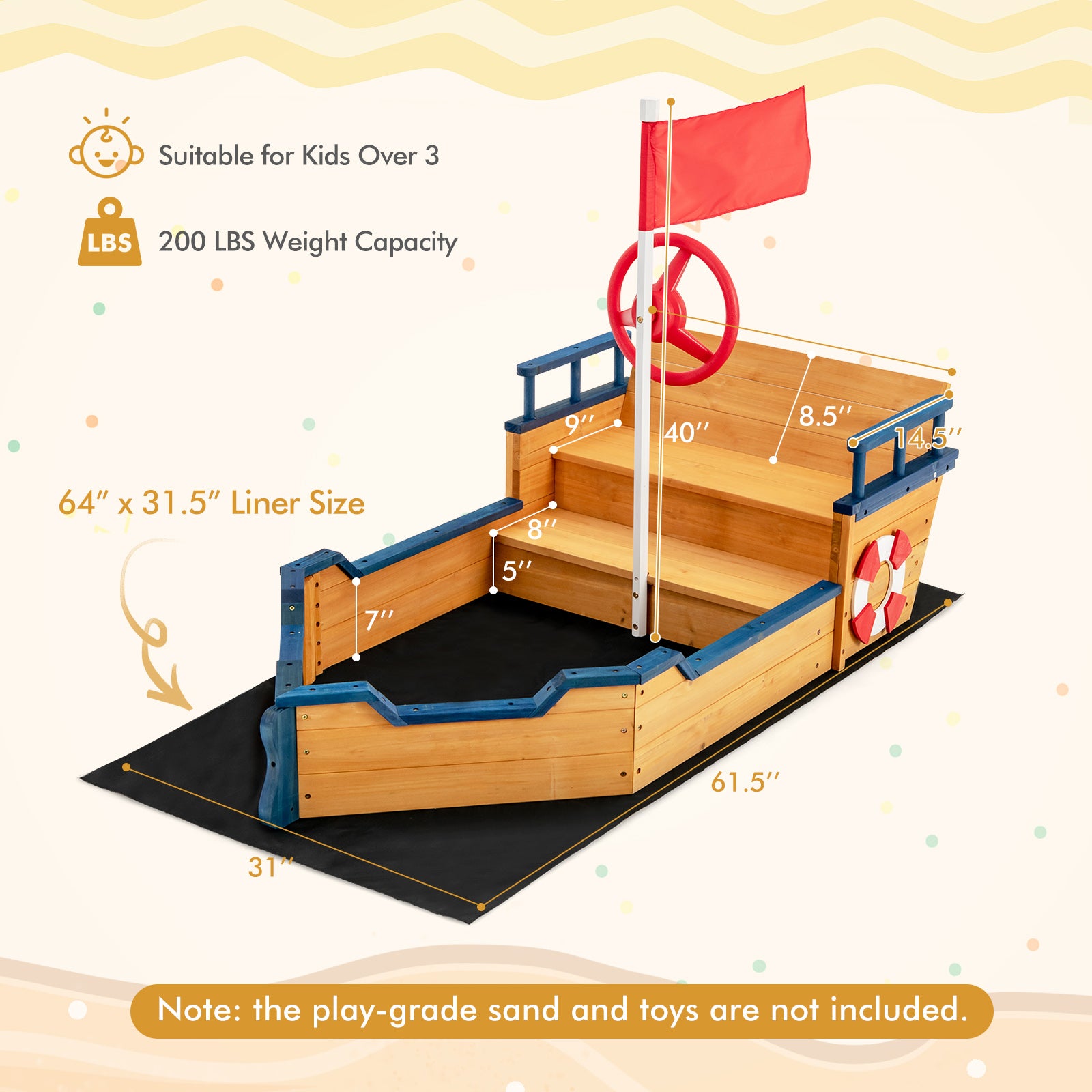 Bateau pirate en bois avec bac à sable pour enfants, aire de jeux extérieure