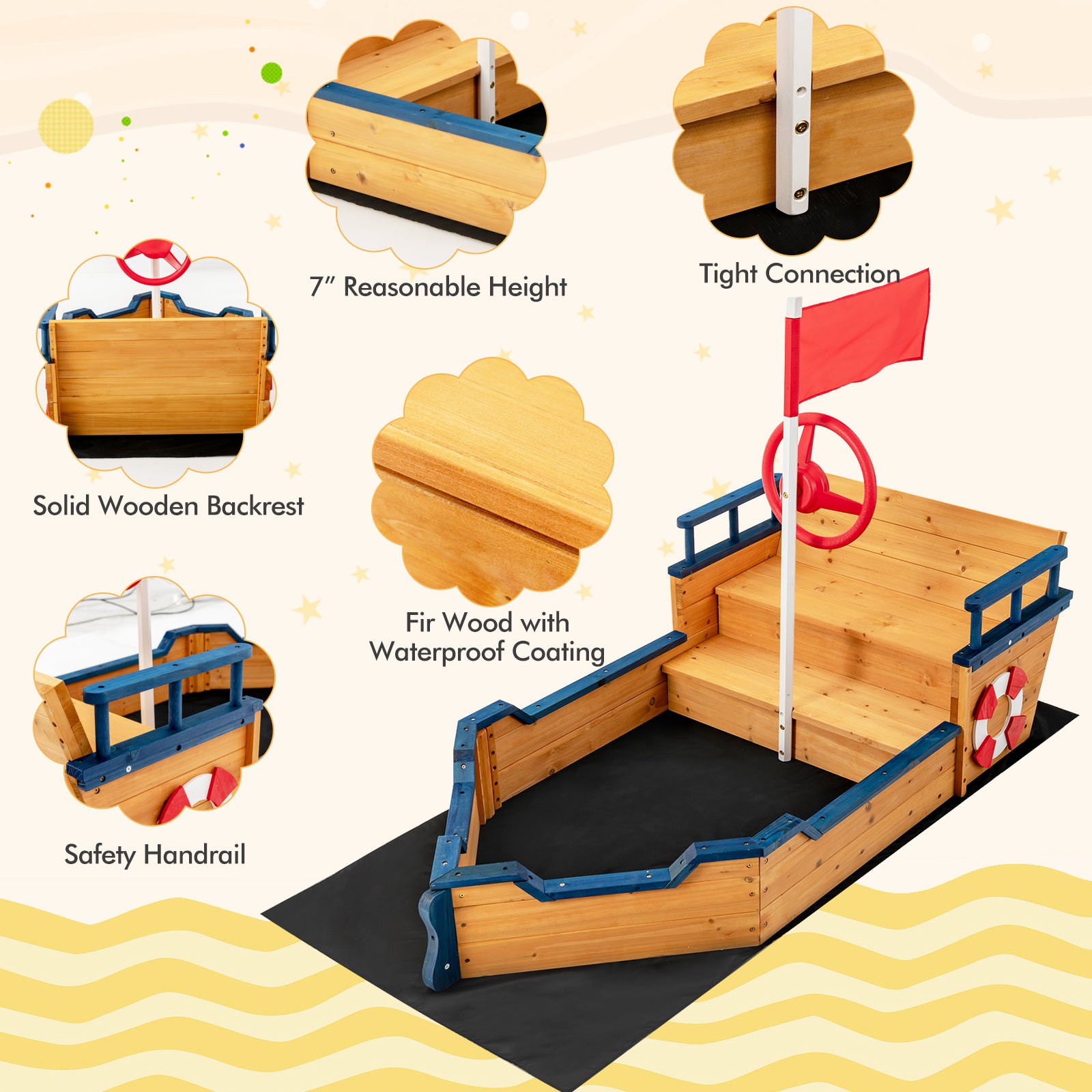 Bateau pirate en bois avec bac à sable pour enfants, aire de jeux extérieure