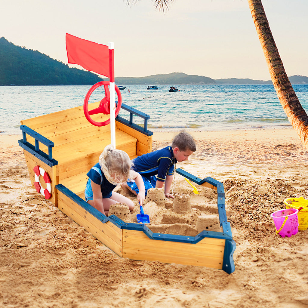 Bateau pirate en bois avec bac à sable pour enfants, aire de jeux extérieure