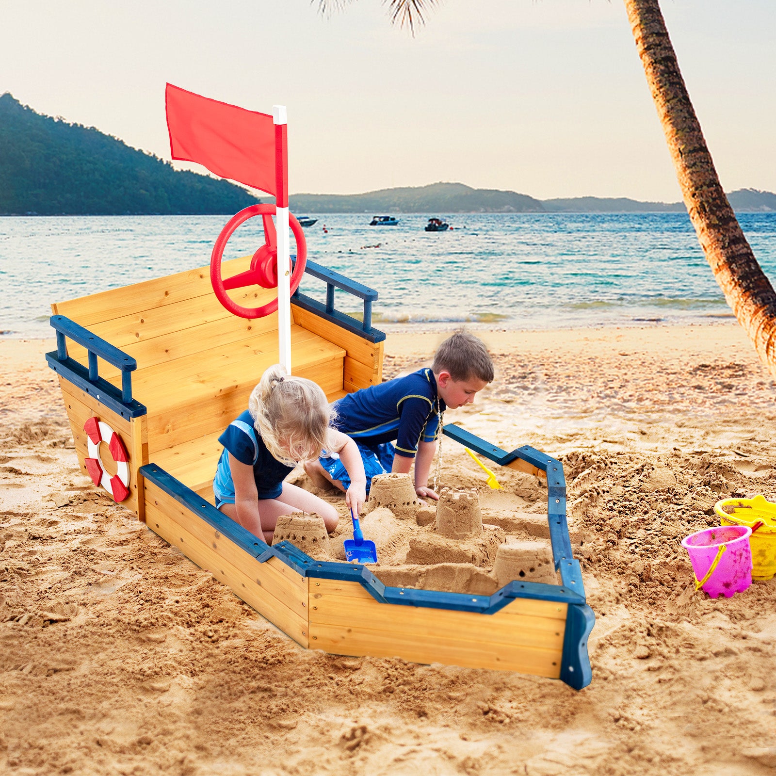 Bateau pirate en bois avec bac à sable pour enfants, aire de jeux extérieure