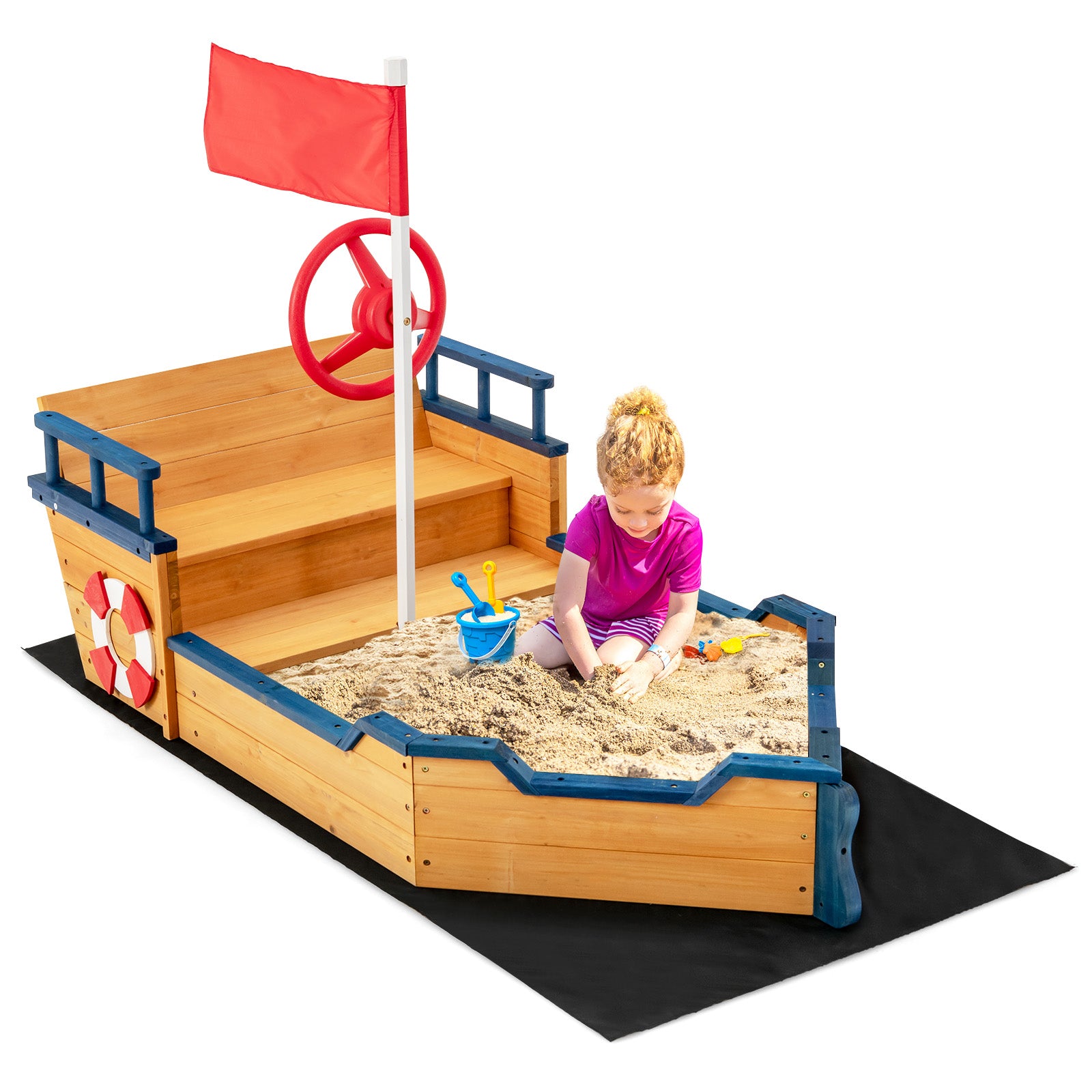 Bateau pirate en bois avec bac à sable pour enfants, aire de jeux extérieure