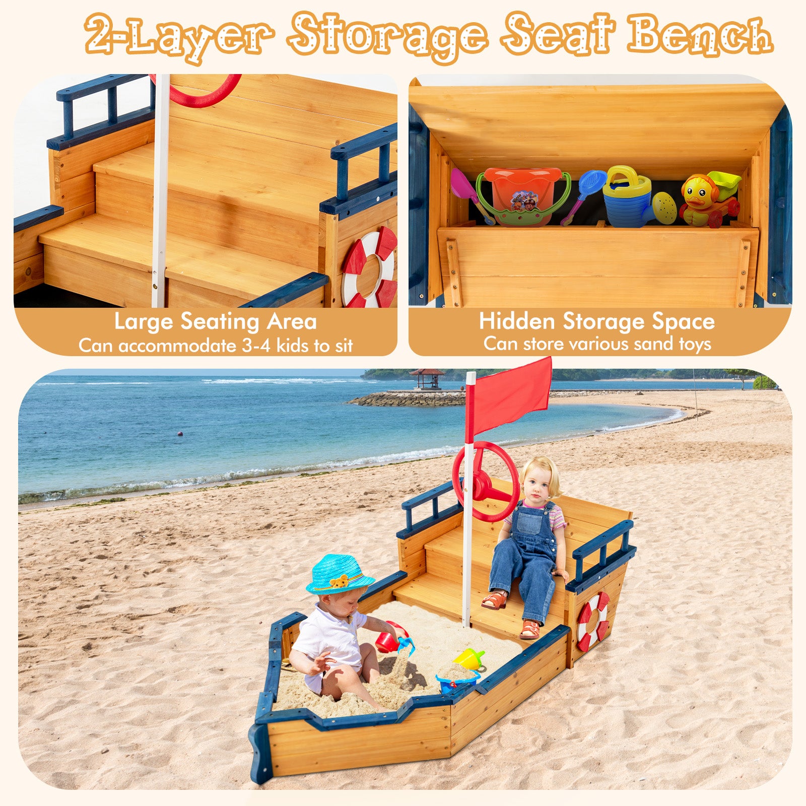 Bateau pirate en bois avec bac à sable pour enfants, aire de jeux extérieure