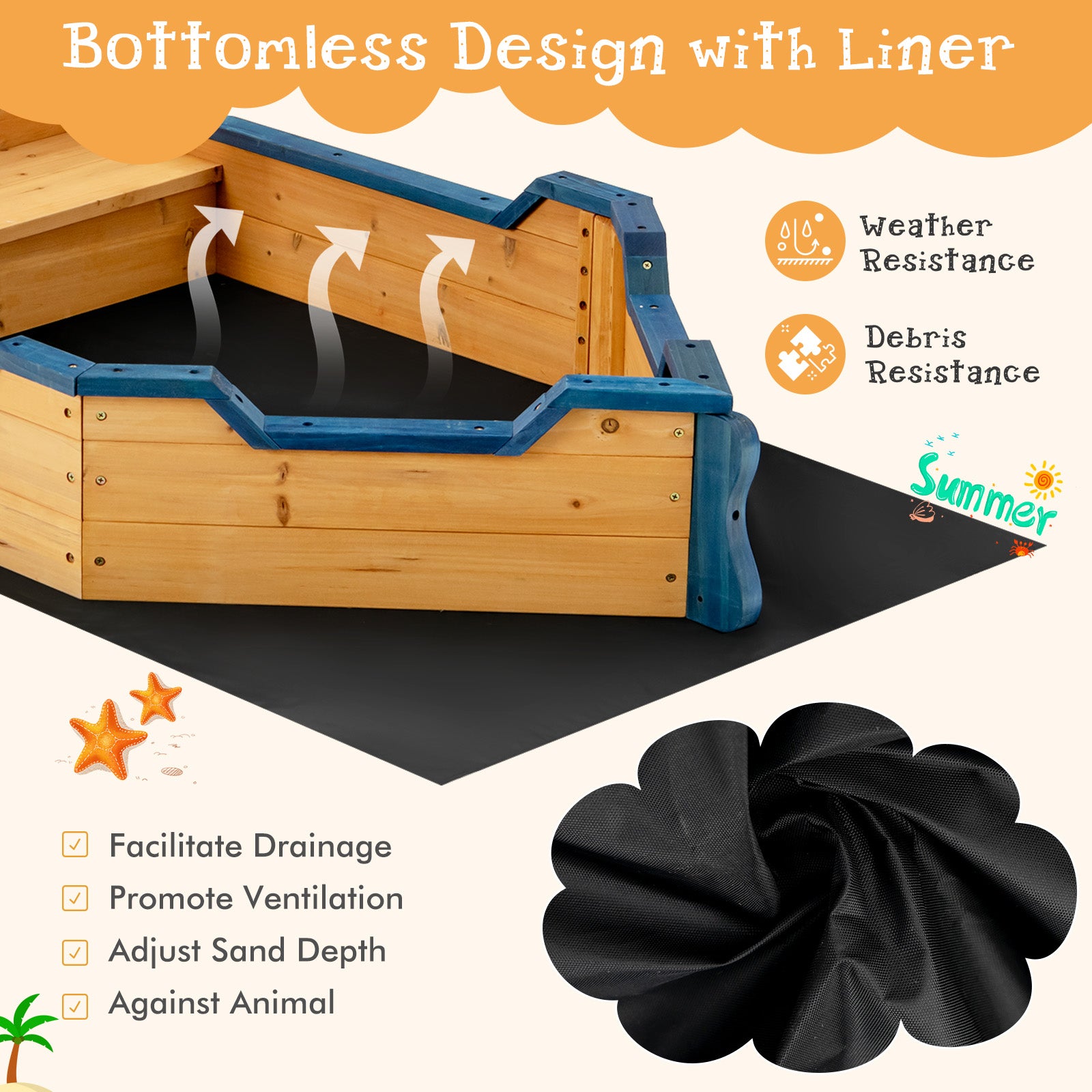 Bateau pirate en bois avec bac à sable pour enfants, aire de jeux extérieure