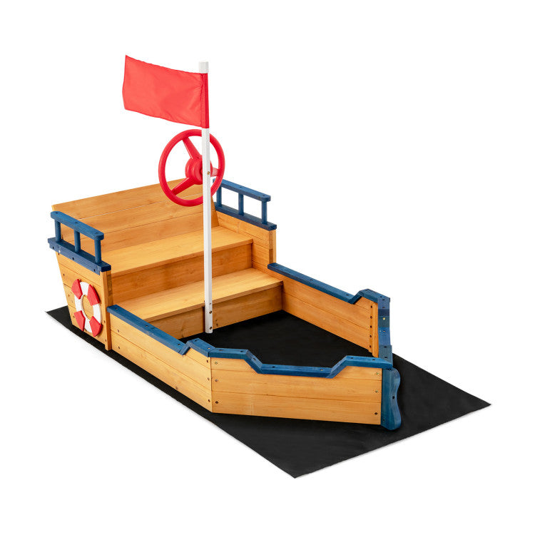 Bateau pirate en bois avec bac à sable pour enfants, aire de jeux extérieure
