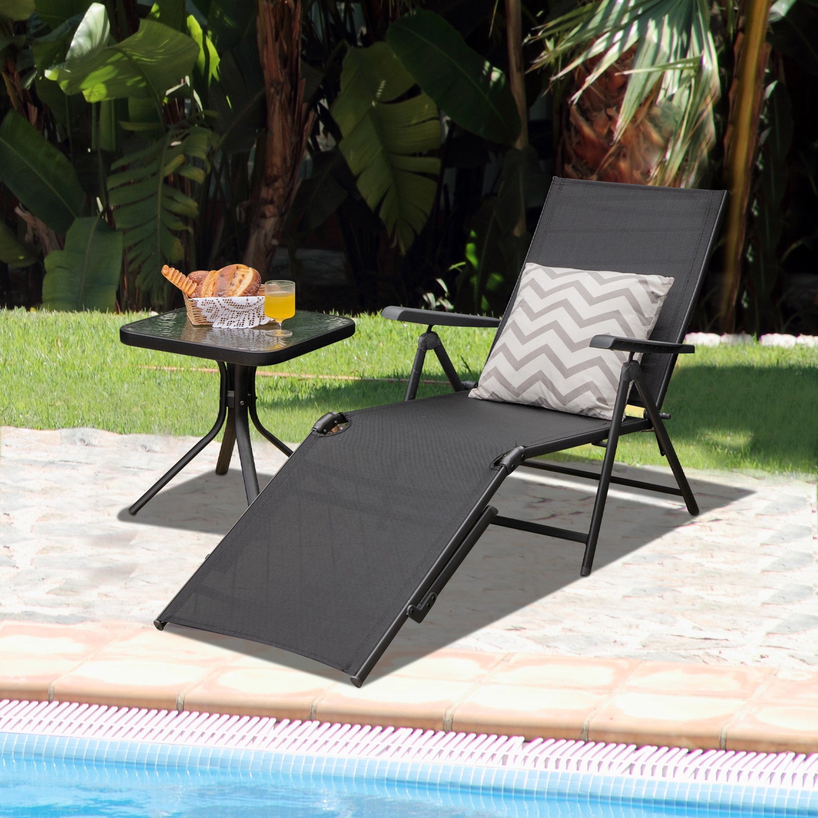 Chaise longue de patio pliable avec dossier et repose-pieds - Noir