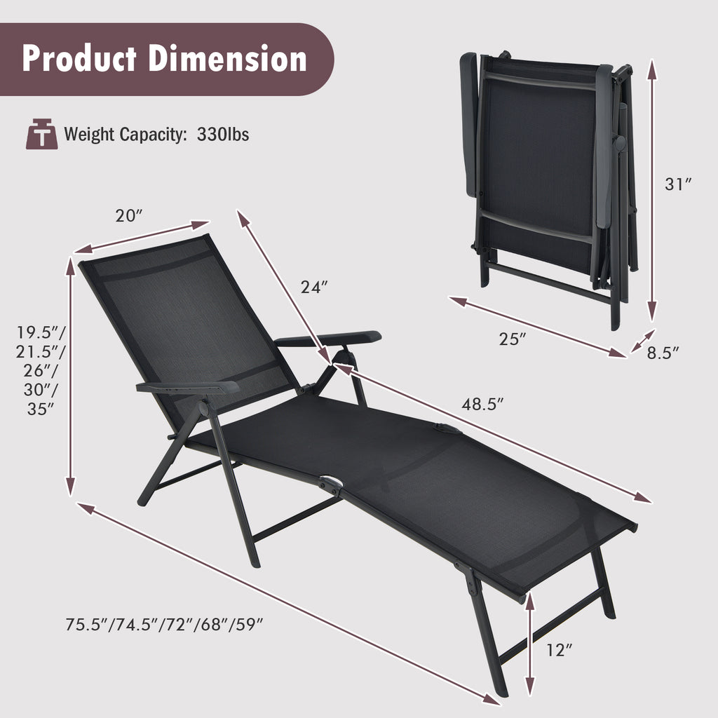 Chaise longue de patio pliable avec dossier et repose-pieds - Noir