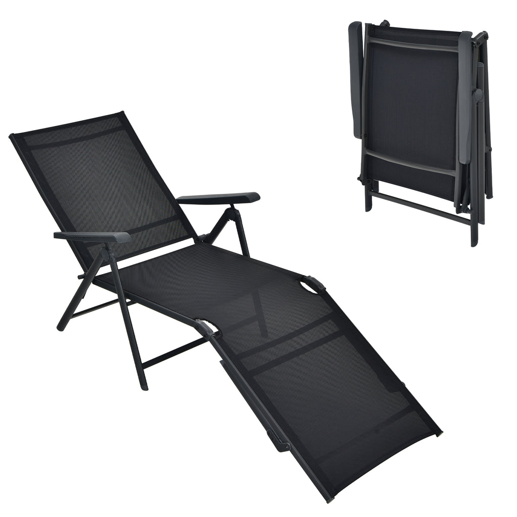 Chaise longue de patio pliable avec dossier et repose-pieds - Noir