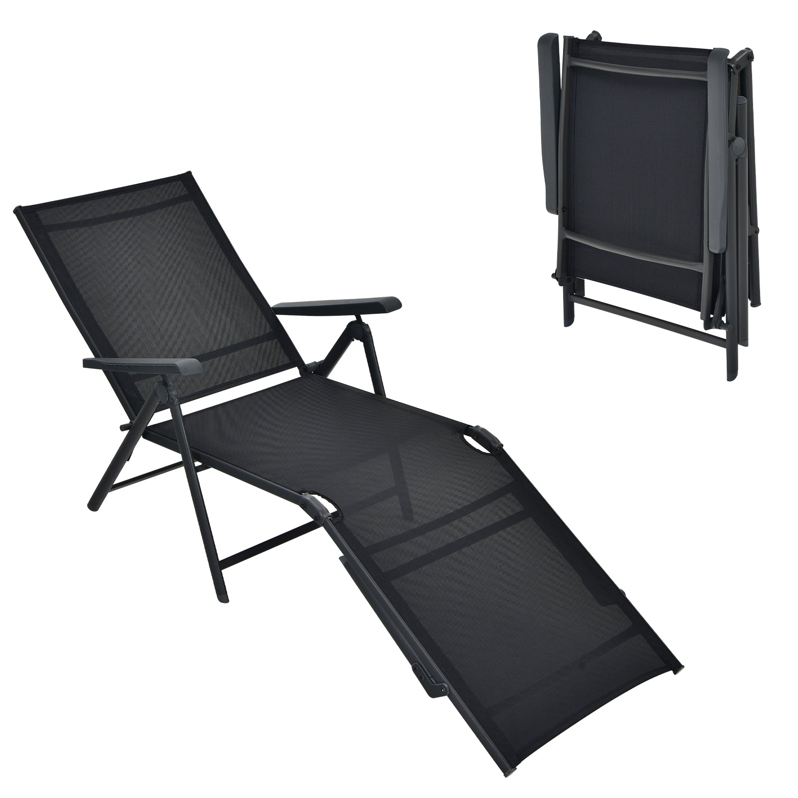 Chaise longue de patio pliable avec dossier et repose-pieds - Noir