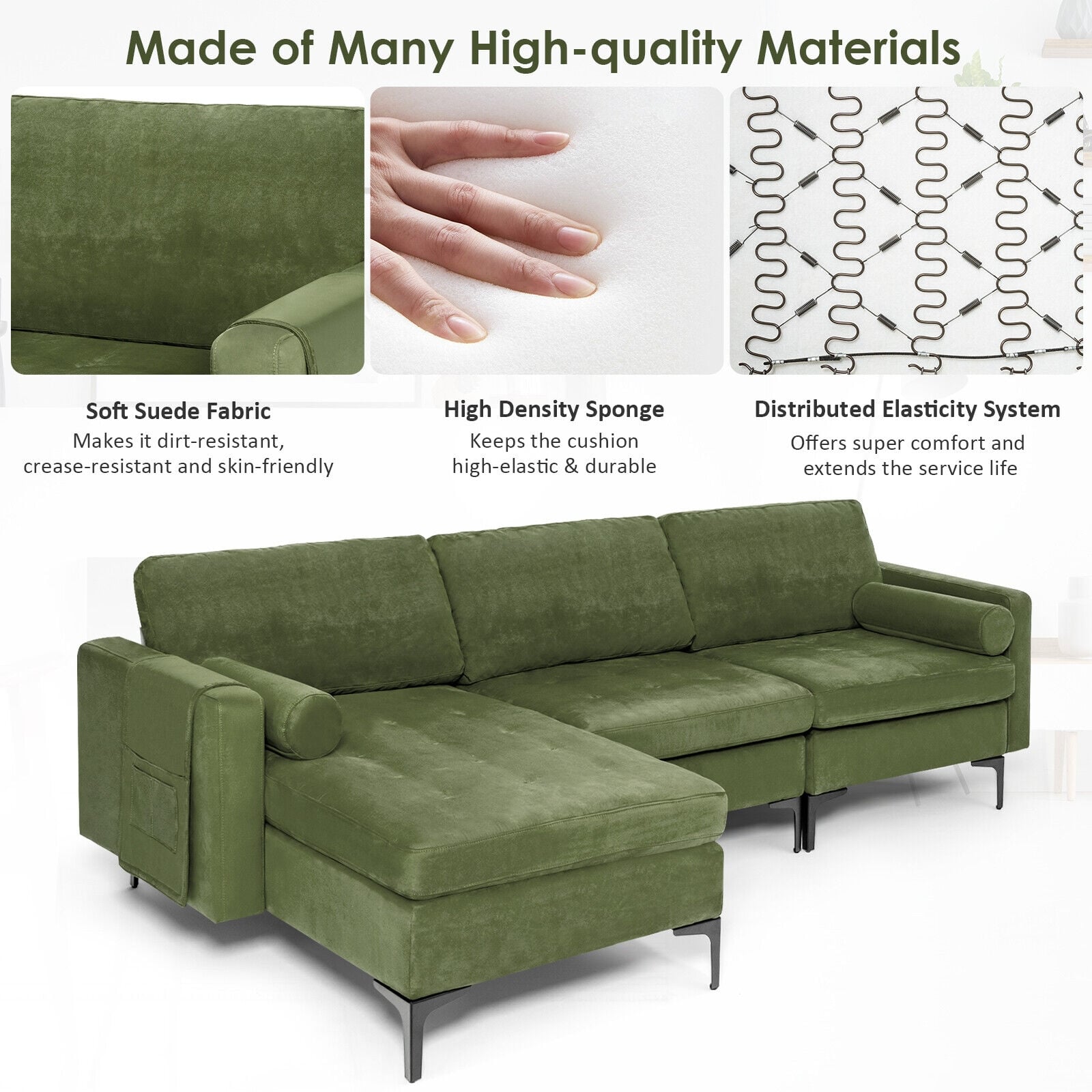 Modular 2-seat/3-Seat/4-Seat L-shaped Sectional Sofa Couch with Reversible Chaise and Socket USB Ports-3-Seat L-shaped