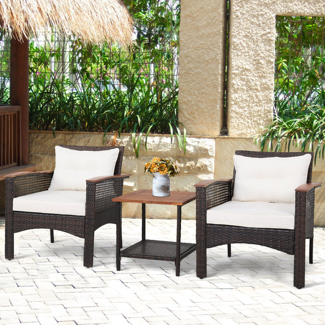 3 Pieces Patio Rattan Furniture Set with Acacia Wood Tabletop