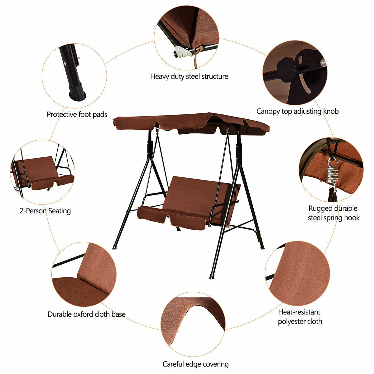 Balançoire-planeur de terrasse à deux places avec coussin, structure en acier - Café