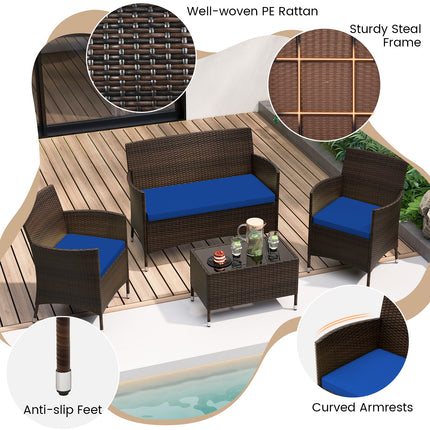 4 Pieces Rattan Sofa Set with Glass Table and Comfortable Wicker for Outdoor Patio-Navy