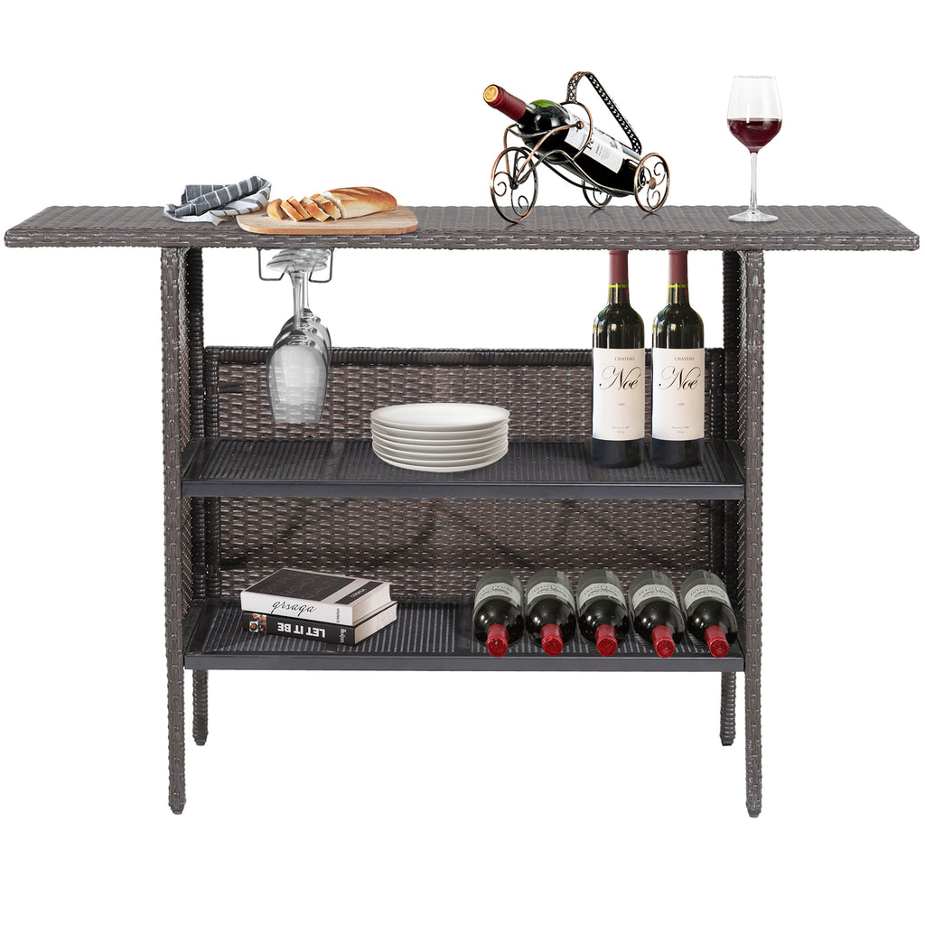 Table de bar en osier d'extérieur avec 2 étagères grillagées métalliques
