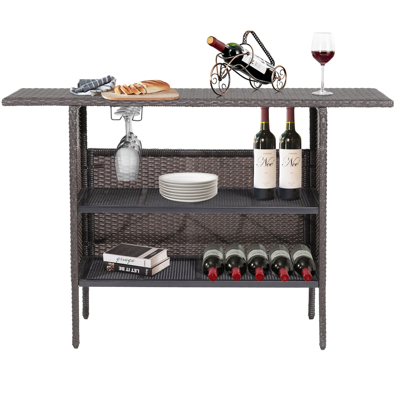 Table de bar en osier d'extérieur avec 2 étagères grillagées métalliques