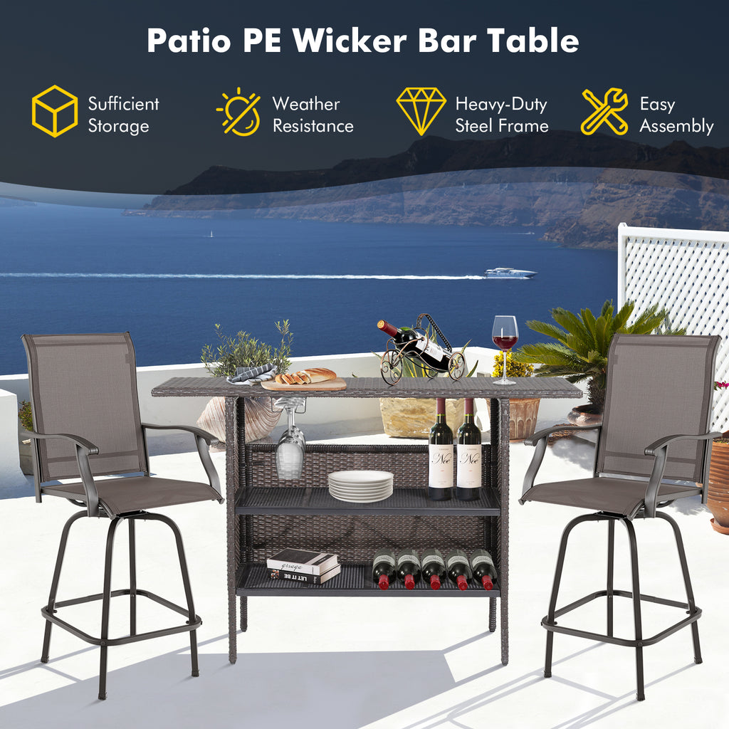 Table de bar en osier d'extérieur avec 2 étagères grillagées métalliques