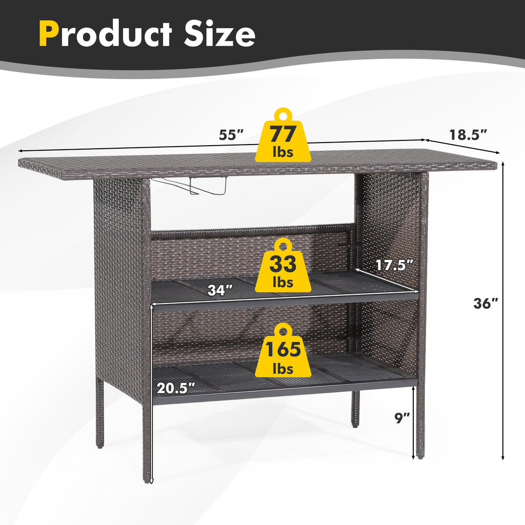 Table de bar en osier d'extérieur avec 2 étagères grillagées métalliques