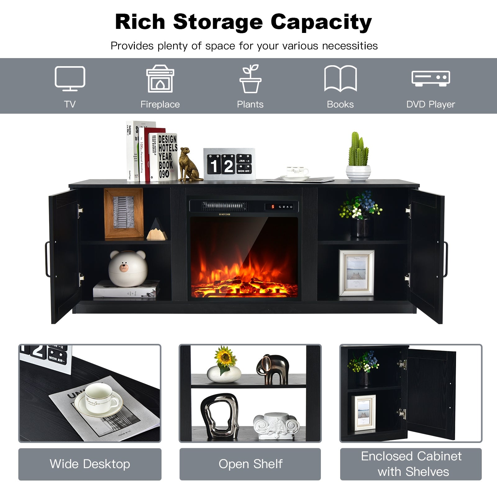 TV Stand with Double Barn Doors for TVs up to 65 Inch-Black