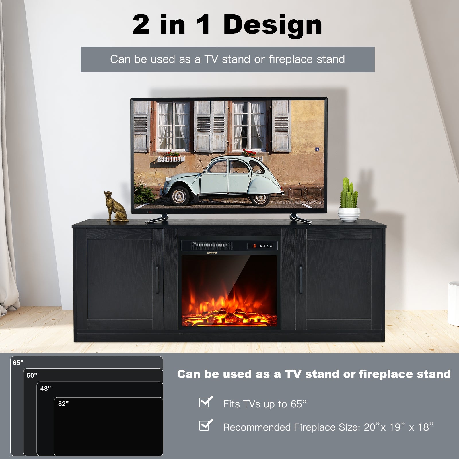 TV Stand with Double Barn Doors for TVs up to 65 Inch-Black